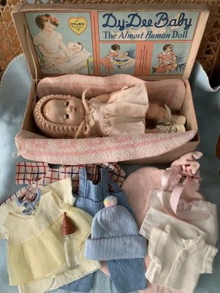 Vintage Dydee Wee Box & Effanbee 9 " Baby Doll Layette Esmond Blanket Rare Bottle