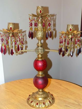 Vintage Bombay Co Brass & Red Prism Candelabra 3 Candle Holder