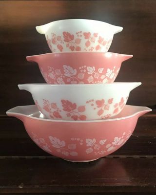 Pyrex Vtg Pink Gooseberry Cinderella Mixing Bowls 441 442 443 444 Complete Set - 4