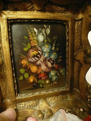 Gorgeous Vintage Antique Miniature Oil Painting Floral Ornate Gold Frame