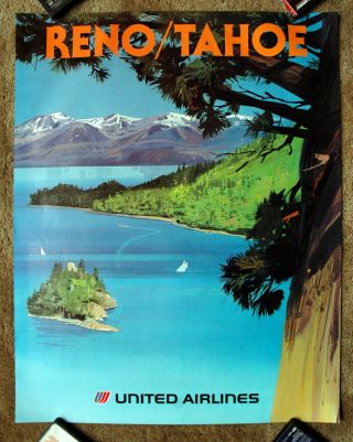 Vintage 1970s United Airline Lake Tahoe Travel Poster Railway Art Air