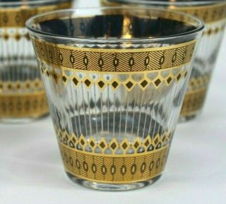5 Vtg Mid - Century Culver Old Fashioned Glasses 22kt Gold Blue Rocks Cocktail Mcm