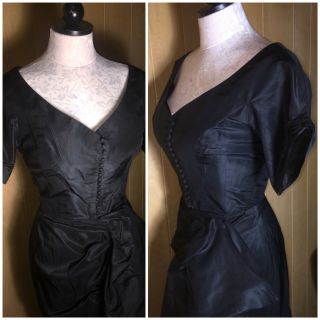 Ceil Chapman Silk Taffeta Black Cocktail Dress Vintage 50s Draped Swag Skirt 26 "