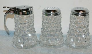 Vintage Fostoria American Syrup Jar & 2 Sugar Shakers