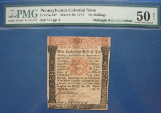 Rare 1771 Thomas Mifflin Signed Pennsylvania 10 Shillings Colonial Note Pmg - 50