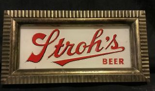 Vintage Strohs Advertising Sign Reverse Painted Glass Heavy Metal Frame 5”x10”
