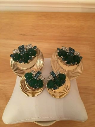 Boucher Art Deco Emerald Green Sapphire Blue Emerald Green 2 Pins Clip Earrings