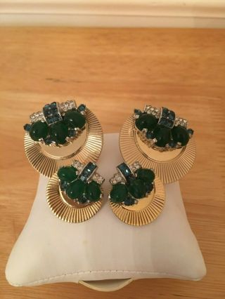 Boucher Art Deco Emerald Green Sapphire Blue Emerald Green 2 Pins Clip Earrings 3