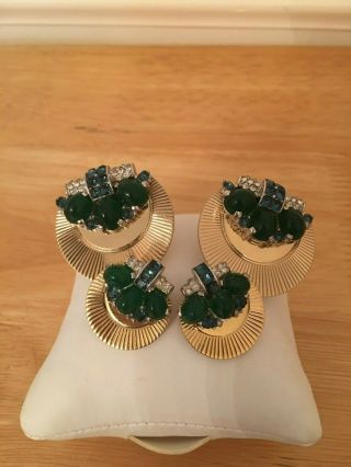 Boucher Art Deco Emerald Green Sapphire Blue Emerald Green 2 Pins Clip Earrings 4