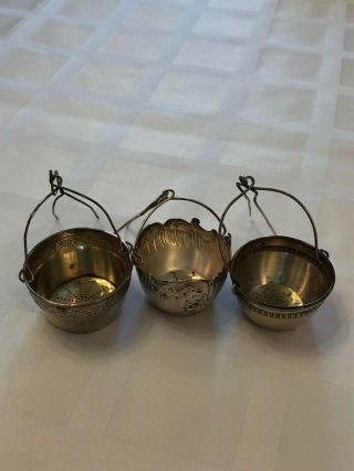 Fine Antique 3 French Tea Strainers Silver Sterling