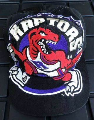 Vintage 90s Toronto Raptors Nba The Game Big Logo Black Snapback Hat Cap