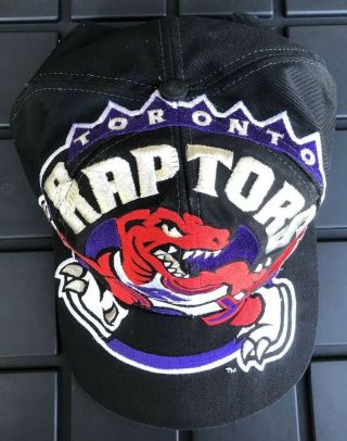 Vintage 90s Toronto Raptors NBA The Game Big Logo Black Snapback Hat Cap 4