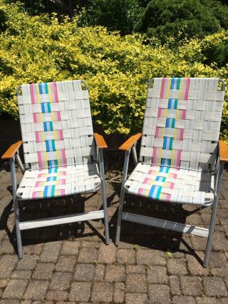 2 Vintage Aluminum Webbed Folding Wooden Arms Lawn Chairs Matching Set Beauti Es
