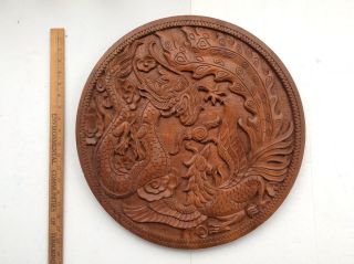 19” Vintage Chinese Hand Carved Dragon & Phoenix Boxwood Plate Wall Hanging