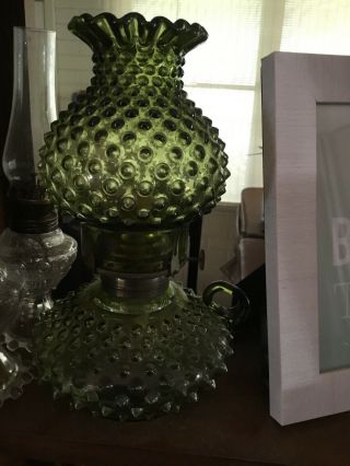 Vintage Fenton Avocado Green Hobnail Courting Oil Lamp