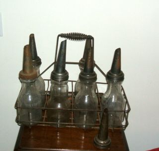 6 Pack Of Antique Glass Quart Oil Bottles With Wire Carrier