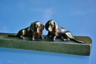 Antique Vienna Wiener Bronze Cigar Cutter With Dachshund Cubs,  Doggy,  Signed,  c. 7