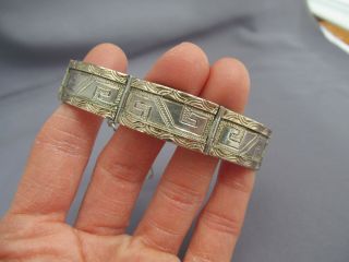 VINTAGE 10K & STERLING TAXCO MEXICO AZTEC RUG PATTERN MAZE HINGE PANEL BRACELET 3