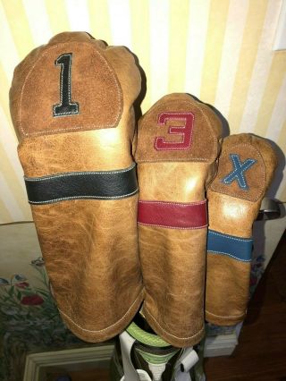 Vintage Iliac Stitch Style 100 Leather Headcovers Set - Driver,  3,  Hybrid 2