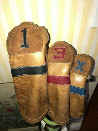 Vintage Iliac Stitch Style 100 Leather Headcovers Set - Driver,  3,  Hybrid 5