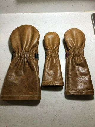 Vintage Iliac Stitch Style 100 Leather Headcovers Set - Driver,  3,  Hybrid 7