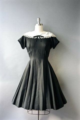Vintage 1950s 1960s Black Dress With White Collar Dress