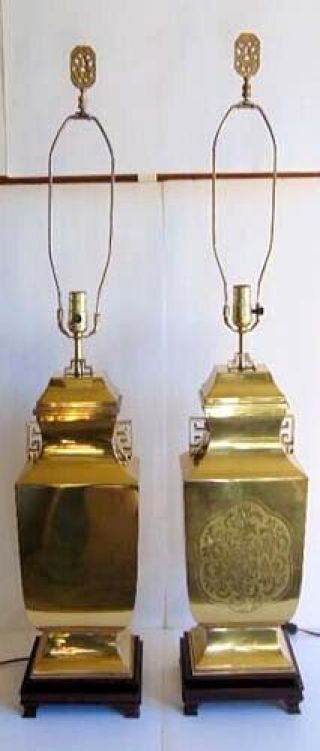 Pair Vintage Asian Oriental Inspired Brass Table Lamps Etched Medallion