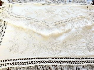 Vintage Hand Embroidered White Cotton Nightdress Case Bag Cushion Cover Fringed