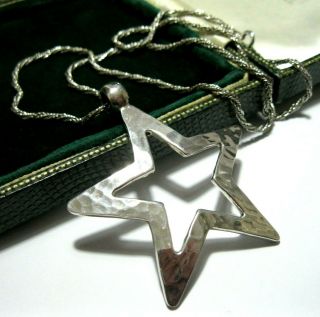 Vintage Sterling Silver Large Hammered Star Pendant 19 " Long Rope Chain Necklace
