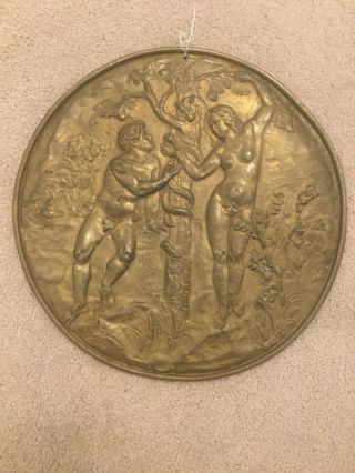 Vintage Embossed Brass Plaque W/ Adam & Eve And The Serpent