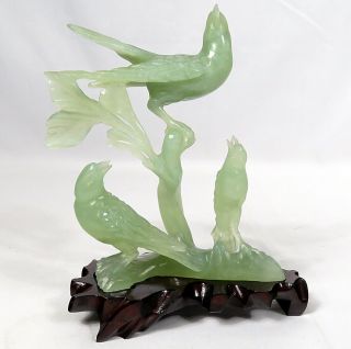 Vintage Oriental Asian Chinese Carved Green Jade Stone 3 Birds Branches Signed