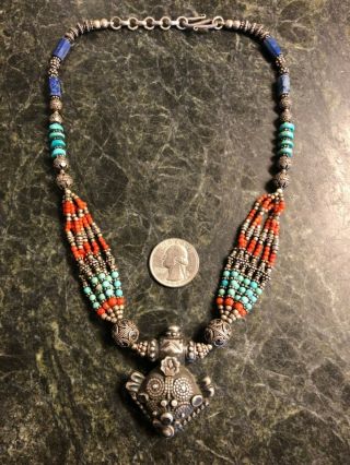Vintage Tibetan Solid Ornate Sterling Silver Turquoise Coral Lapis Necklace 925