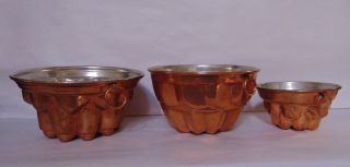 3 VINTAGE COPPER MOLDS - TIN LINED - DESIGN 5