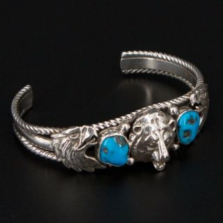 Vtg Sterling Silver - Navajo Running Bear Turquoise 6.  75 " Cuff Bracelet - 37.  5g