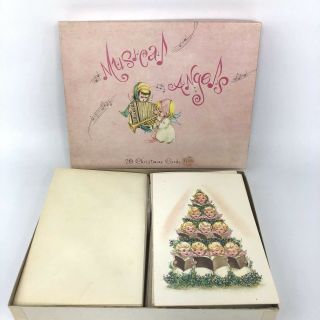 Vintage Christmas Cards Musical Angels Singing Glitter Tree 50s Old 20 Set