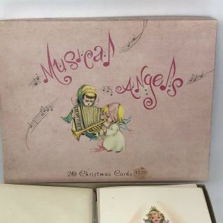 Vintage Christmas Cards Musical Angels Singing Glitter Tree 50s Old 20 Set 2