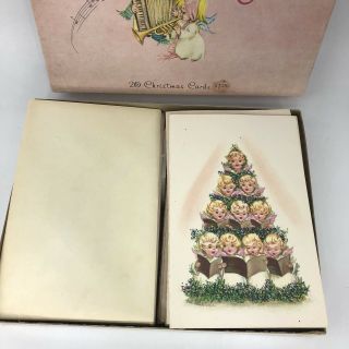 Vintage Christmas Cards Musical Angels Singing Glitter Tree 50s Old 20 Set 3