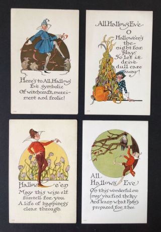 Vintage Nash Halloween Postcards - Set Of 4 - Series H - 37 - Goblin/elf Initialed Bp