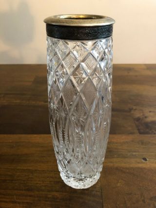 Vintage Antique Silver And Cit Crystal Glass Vase 10” Tall