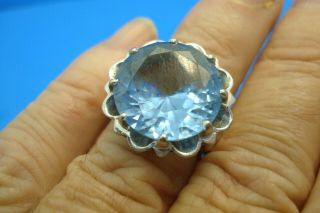 Vintage Large Round 10k White Gold Blue Topaz Ring - - Size 5