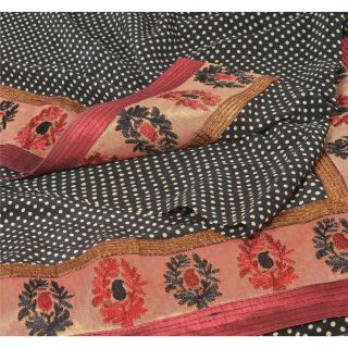 Sanskriti Vintage Black Saree 100 Pure Crepe Silk Printed Sari Decor Fabric