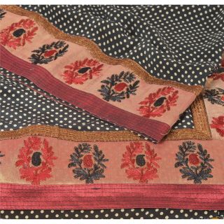 Sanskriti Vintage Black Saree 100 Pure Crepe Silk Printed Sari Decor Fabric 2