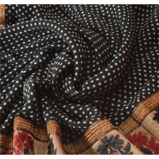 Sanskriti Vintage Black Saree 100 Pure Crepe Silk Printed Sari Decor Fabric 4