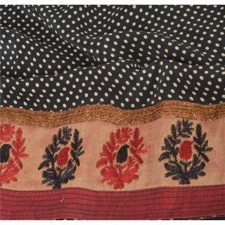 Sanskriti Vintage Black Saree 100 Pure Crepe Silk Printed Sari Decor Fabric 5