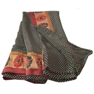 Sanskriti Vintage Black Saree 100 Pure Crepe Silk Printed Sari Decor Fabric 6