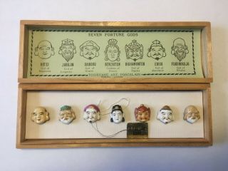 Vintage Toshikane 7 Fortune Gods Buttons Tokyo Japan W/wooden Box & Hang Tag