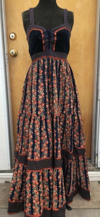 Vtg 70s Jessica Gunne Sax Long Corset Floral Prairie Boho Summer Velvet Dress