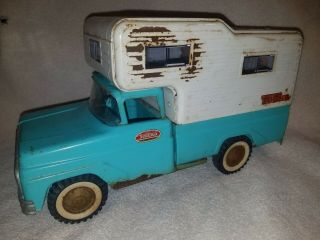 Vintage Turquoise Tonka Pick Up Truck,  Camper,  Pressed Steel Toy Vehicle