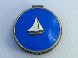 Vintage Compact Enamel Blue Sail Boat Nautical