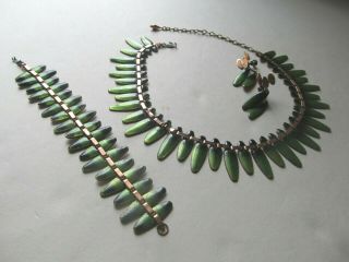 Set Vintage 1950s Matisse Renoir Green Copper Enamel Necklace Bracelet Earrings